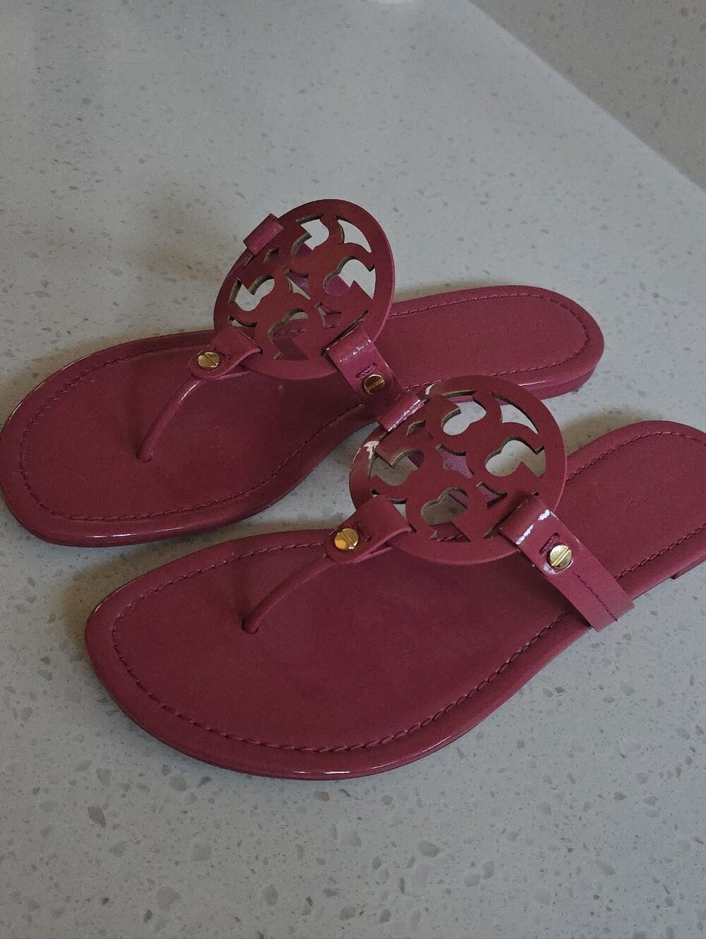 Tory Burch Rose Pink Miller Logo Thong Sandals with Gold Stud - Picture 3 of 5